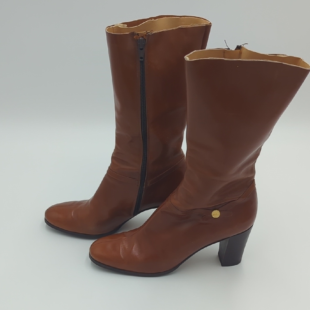 Vintage Ferragamo Leather Heeled Boots 10M Mid Calf Zip Up Classic Gold Upcycled - Picture 3 of 12